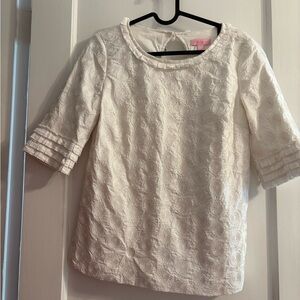 Lilly Pulitzer White Stitch Ruffle Sleeve Top Blouse Medallion Dot Detailing